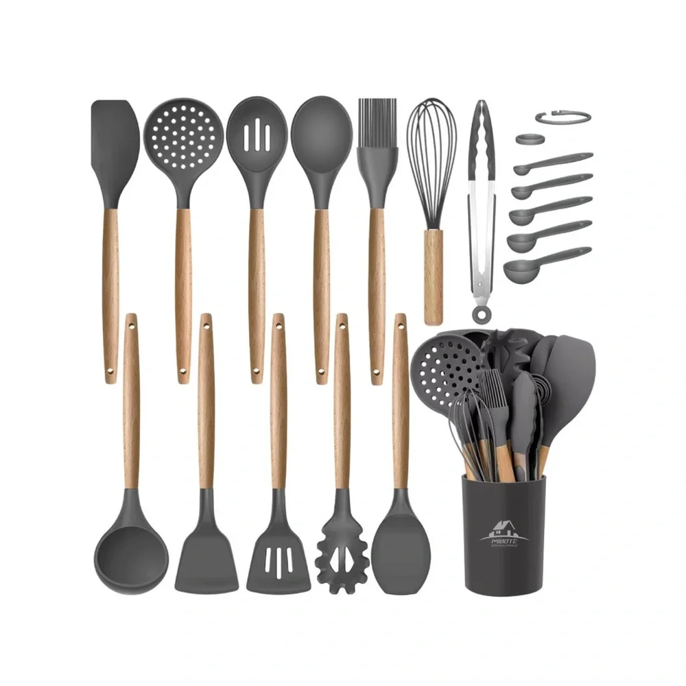 17 Pcs Silicone Cooking Kitchen Utensils Set with Holder, Wooden Handle (Grey) - Picture 1 of 10